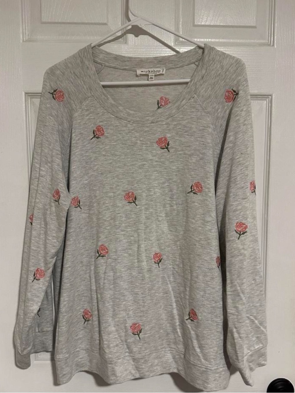 Workshop Heather Gray Long-Sleeve crew neck with Pink Rose Embroidery